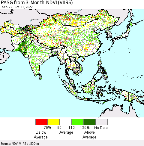 Asia PASG from 3-Month NDVI (VIIRS) Thematic Map For 12/11/2022 - 12/18/2022