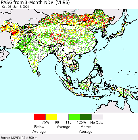 Asia PASG from 3-Month NDVI (VIIRS) Thematic Map For 1/1/2024 - 1/8/2024