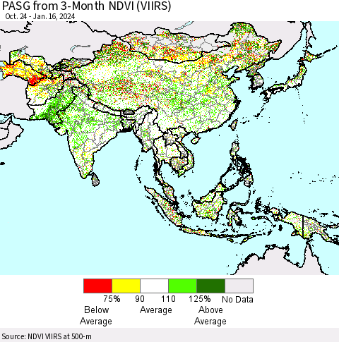 Asia PASG from 3-Month NDVI (VIIRS) Thematic Map For 1/9/2024 - 1/16/2024