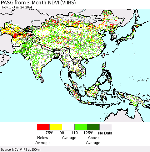 Asia PASG from 3-Month NDVI (VIIRS) Thematic Map For 1/17/2024 - 1/24/2024