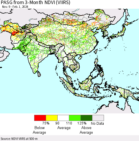 Asia PASG from 3-Month NDVI (VIIRS) Thematic Map For 1/25/2024 - 2/1/2024
