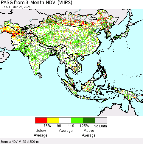 Asia PASG from 3-Month NDVI (VIIRS) Thematic Map For 3/21/2024 - 3/28/2024