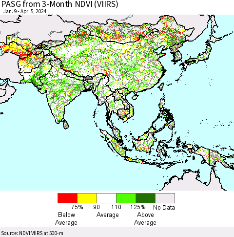 Asia PASG from 3-Month NDVI (VIIRS) Thematic Map For 3/29/2024 - 4/5/2024