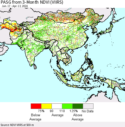 Asia PASG from 3-Month NDVI (VIIRS) Thematic Map For 4/6/2024 - 4/13/2024