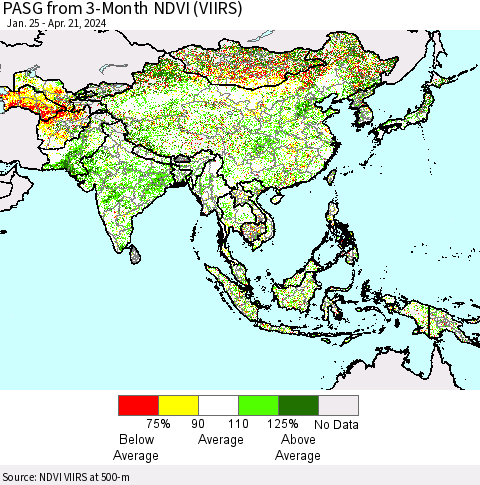 Asia PASG from 3-Month NDVI (VIIRS) Thematic Map For 4/14/2024 - 4/21/2024