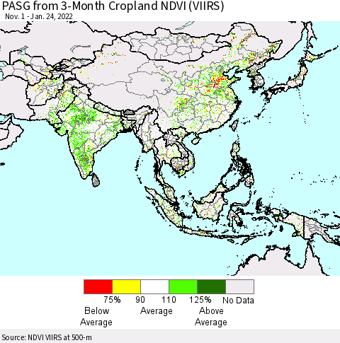 Asia PASG from 3-Month Cropland NDVI (VIIRS) Thematic Map For 1/17/2022 - 1/24/2022
