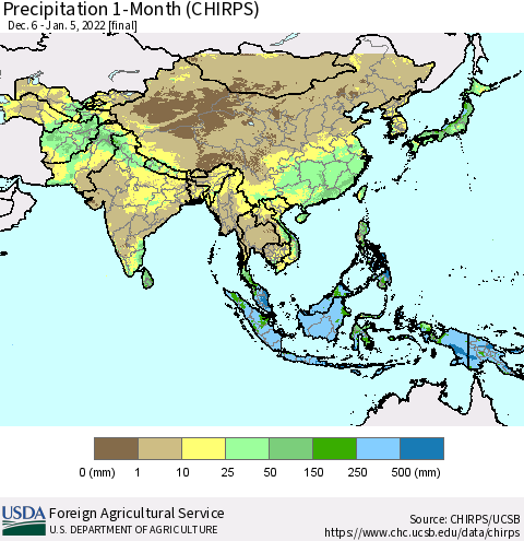 Asia Precipitation 1-Month (CHIRPS) Thematic Map For 12/6/2021 - 1/5/2022
