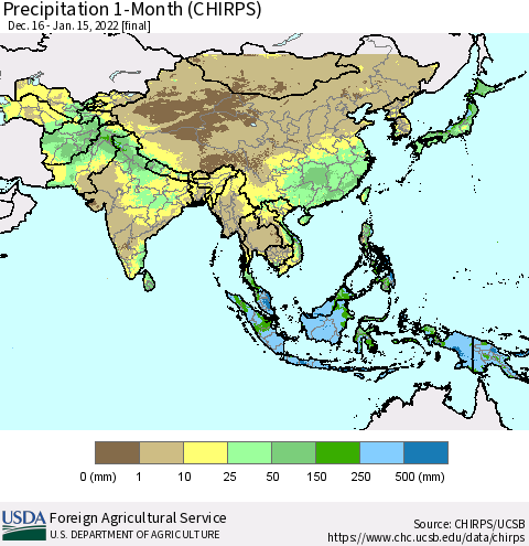 Asia Precipitation 1-Month (CHIRPS) Thematic Map For 12/16/2021 - 1/15/2022