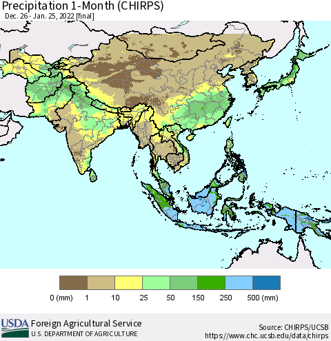Asia Precipitation 1-Month (CHIRPS) Thematic Map For 12/26/2021 - 1/25/2022