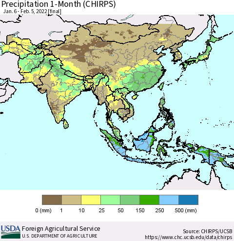 Asia Precipitation 1-Month (CHIRPS) Thematic Map For 1/6/2022 - 2/5/2022