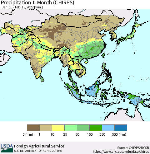 Asia Precipitation 1-Month (CHIRPS) Thematic Map For 1/16/2022 - 2/15/2022