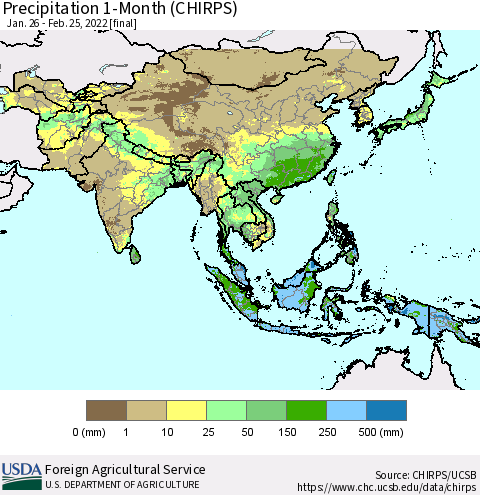 Asia Precipitation 1-Month (CHIRPS) Thematic Map For 1/26/2022 - 2/25/2022
