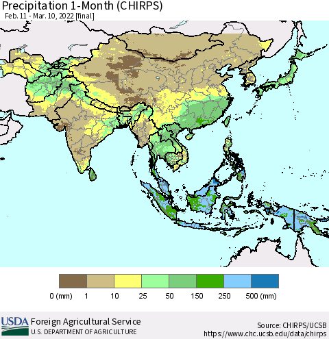 Asia Precipitation 1-Month (CHIRPS) Thematic Map For 2/11/2022 - 3/10/2022