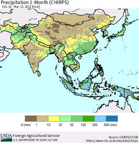 Asia Precipitation 1-Month (CHIRPS) Thematic Map For 2/16/2022 - 3/15/2022