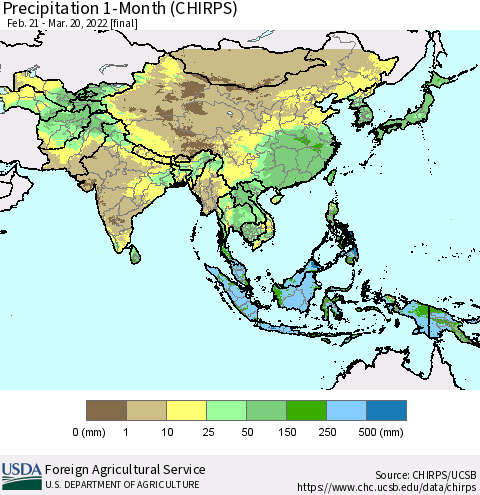 Asia Precipitation 1-Month (CHIRPS) Thematic Map For 2/21/2022 - 3/20/2022