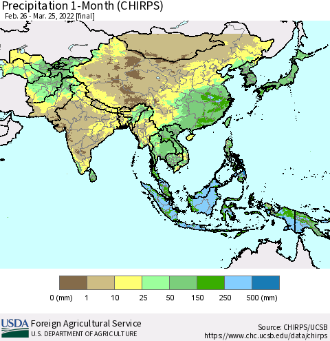Asia Precipitation 1-Month (CHIRPS) Thematic Map For 2/26/2022 - 3/25/2022