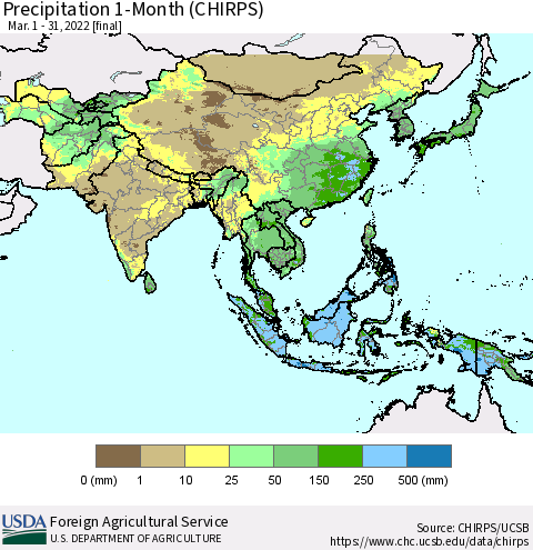 Asia Precipitation 1-Month (CHIRPS) Thematic Map For 3/1/2022 - 3/31/2022