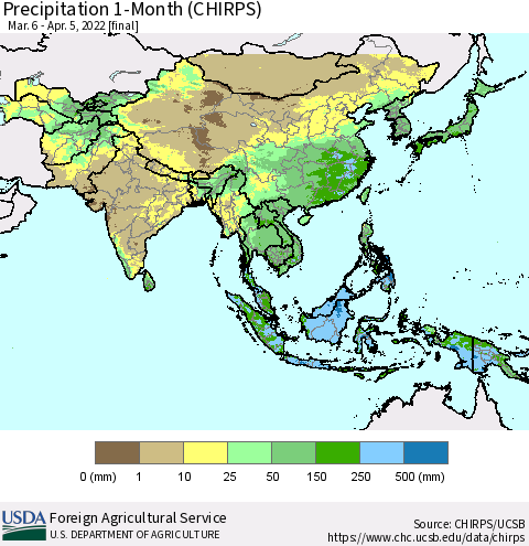 Asia Precipitation 1-Month (CHIRPS) Thematic Map For 3/6/2022 - 4/5/2022