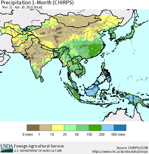 Asia Precipitation 1-Month (CHIRPS) Thematic Map For 3/21/2022 - 4/20/2022