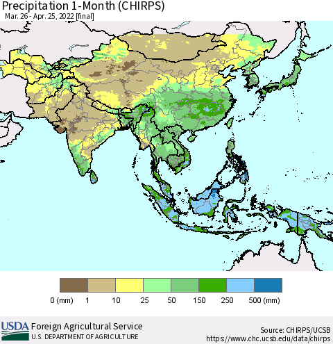 Asia Precipitation 1-Month (CHIRPS) Thematic Map For 3/26/2022 - 4/25/2022