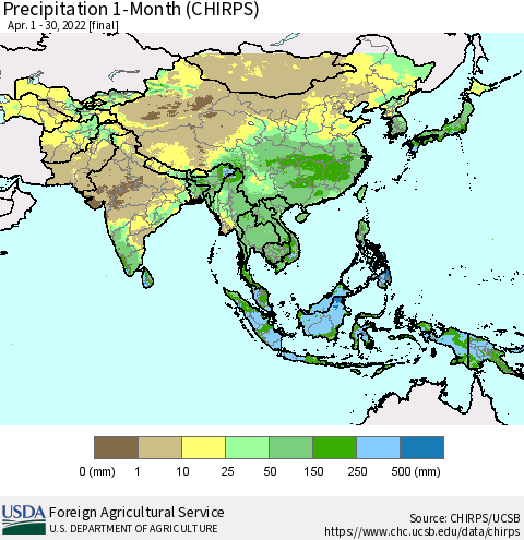 Asia Precipitation 1-Month (CHIRPS) Thematic Map For 4/1/2022 - 4/30/2022