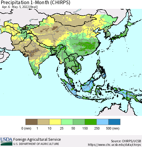 Asia Precipitation 1-Month (CHIRPS) Thematic Map For 4/6/2022 - 5/5/2022
