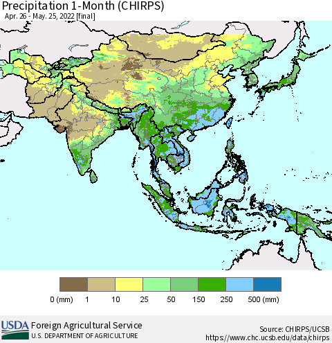 Asia Precipitation 1-Month (CHIRPS) Thematic Map For 4/26/2022 - 5/25/2022
