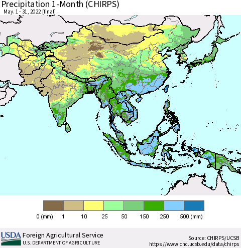 Asia Precipitation 1-Month (CHIRPS) Thematic Map For 5/1/2022 - 5/31/2022