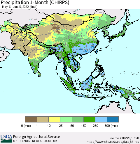 Asia Precipitation 1-Month (CHIRPS) Thematic Map For 5/6/2022 - 6/5/2022