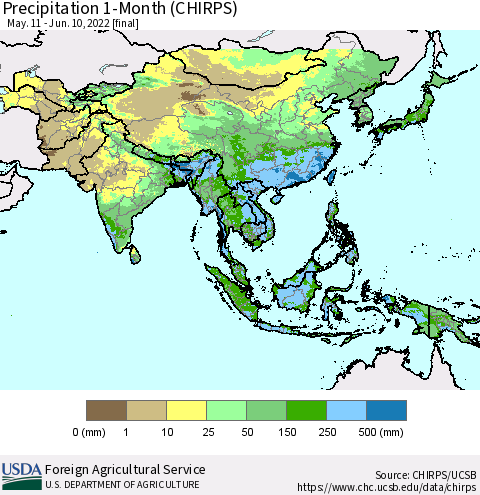 Asia Precipitation 1-Month (CHIRPS) Thematic Map For 5/11/2022 - 6/10/2022