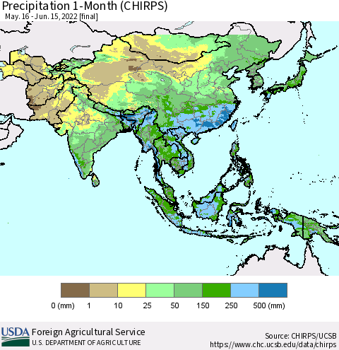 Asia Precipitation 1-Month (CHIRPS) Thematic Map For 5/16/2022 - 6/15/2022