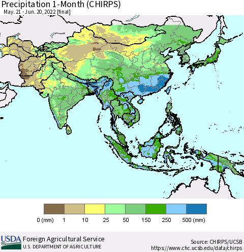 Asia Precipitation 1-Month (CHIRPS) Thematic Map For 5/21/2022 - 6/20/2022