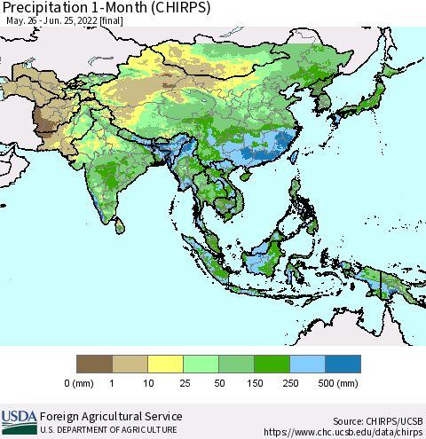 Asia Precipitation 1-Month (CHIRPS) Thematic Map For 5/26/2022 - 6/25/2022