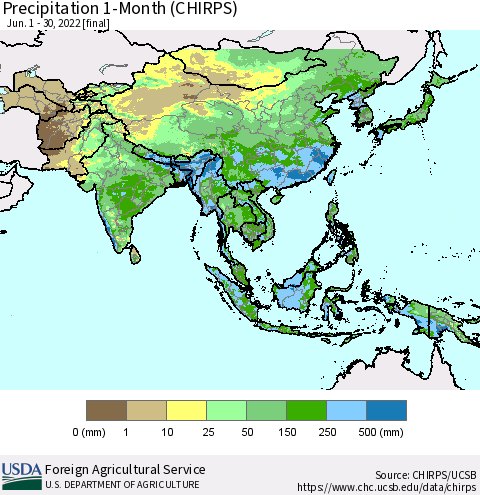 Asia Precipitation 1-Month (CHIRPS) Thematic Map For 6/1/2022 - 6/30/2022