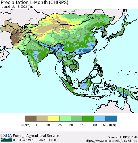 Asia Precipitation 1-Month (CHIRPS) Thematic Map For 6/6/2022 - 7/5/2022