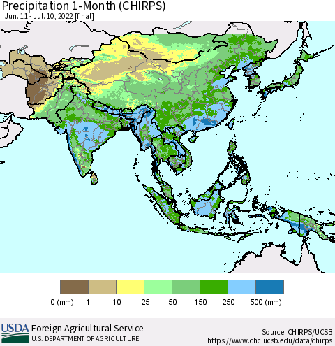 Asia Precipitation 1-Month (CHIRPS) Thematic Map For 6/11/2022 - 7/10/2022