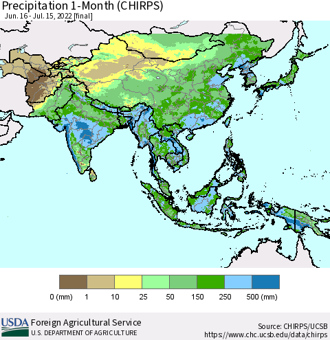Asia Precipitation 1-Month (CHIRPS) Thematic Map For 6/16/2022 - 7/15/2022
