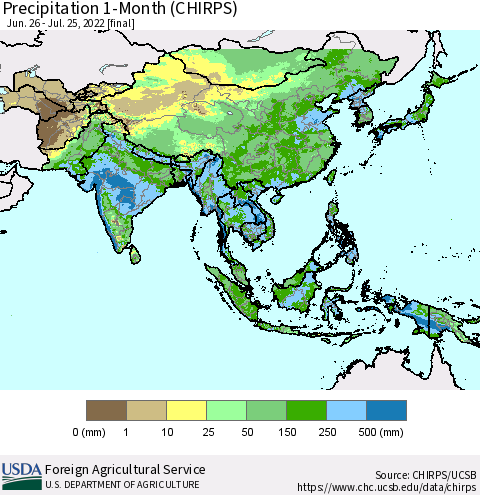 Asia Precipitation 1-Month (CHIRPS) Thematic Map For 6/26/2022 - 7/25/2022