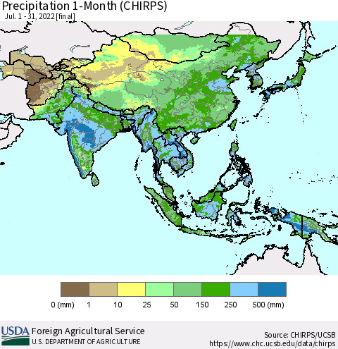 Asia Precipitation 1-Month (CHIRPS) Thematic Map For 7/1/2022 - 7/31/2022