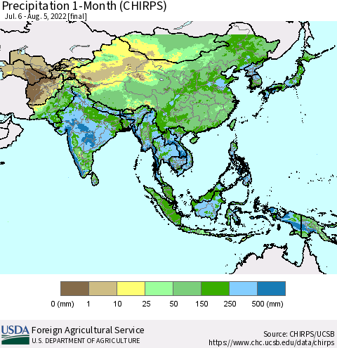Asia Precipitation 1-Month (CHIRPS) Thematic Map For 7/6/2022 - 8/5/2022