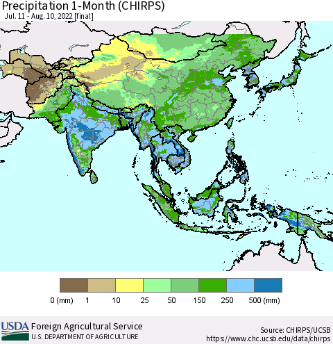 Asia Precipitation 1-Month (CHIRPS) Thematic Map For 7/11/2022 - 8/10/2022