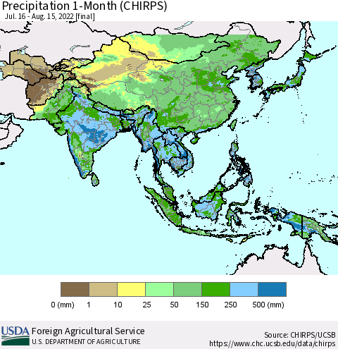 Asia Precipitation 1-Month (CHIRPS) Thematic Map For 7/16/2022 - 8/15/2022
