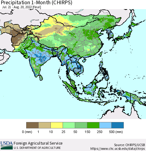 Asia Precipitation 1-Month (CHIRPS) Thematic Map For 7/21/2022 - 8/20/2022