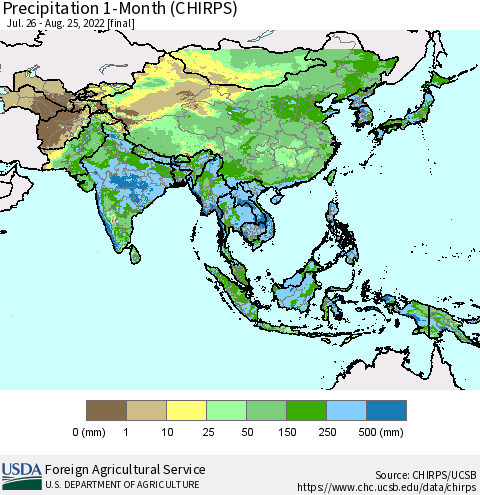 Asia Precipitation 1-Month (CHIRPS) Thematic Map For 7/26/2022 - 8/25/2022