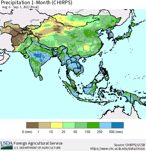 Asia Precipitation 1-Month (CHIRPS) Thematic Map For 8/6/2022 - 9/5/2022
