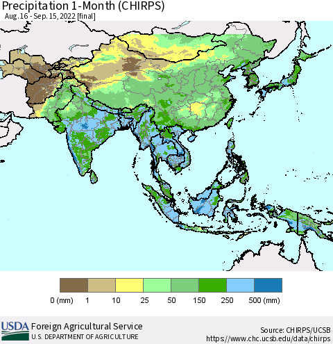 Asia Precipitation 1-Month (CHIRPS) Thematic Map For 8/16/2022 - 9/15/2022