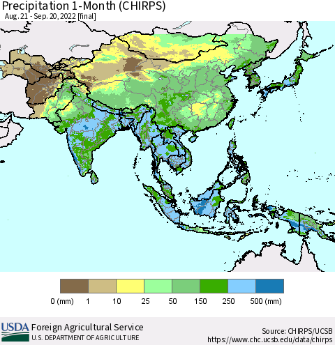 Asia Precipitation 1-Month (CHIRPS) Thematic Map For 8/21/2022 - 9/20/2022