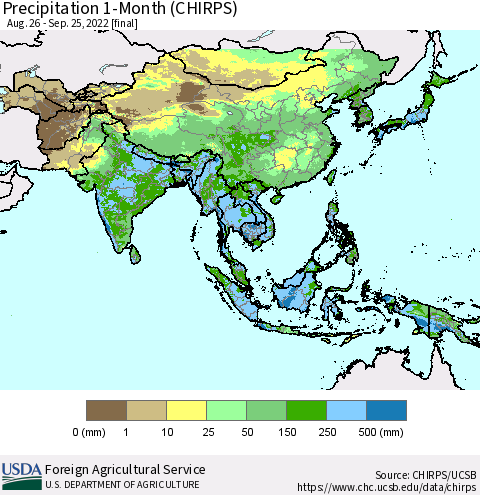 Asia Precipitation 1-Month (CHIRPS) Thematic Map For 8/26/2022 - 9/25/2022