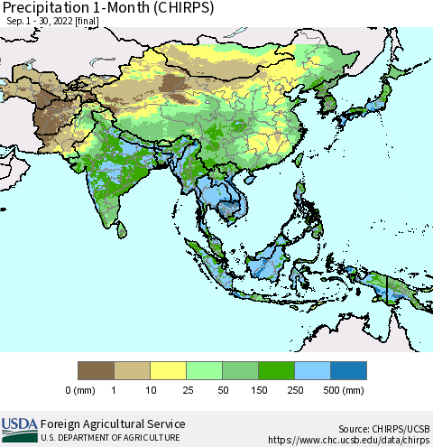 Asia Precipitation 1-Month (CHIRPS) Thematic Map For 9/1/2022 - 9/30/2022