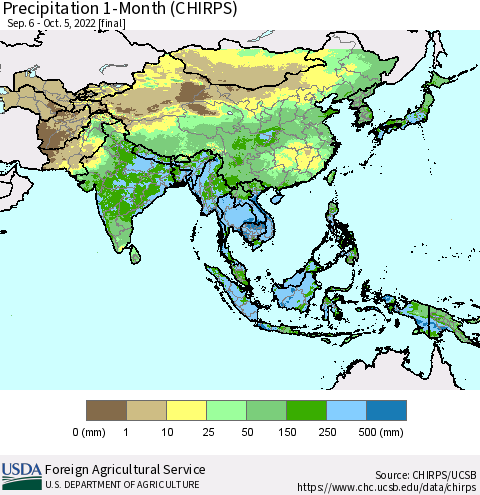 Asia Precipitation 1-Month (CHIRPS) Thematic Map For 9/6/2022 - 10/5/2022